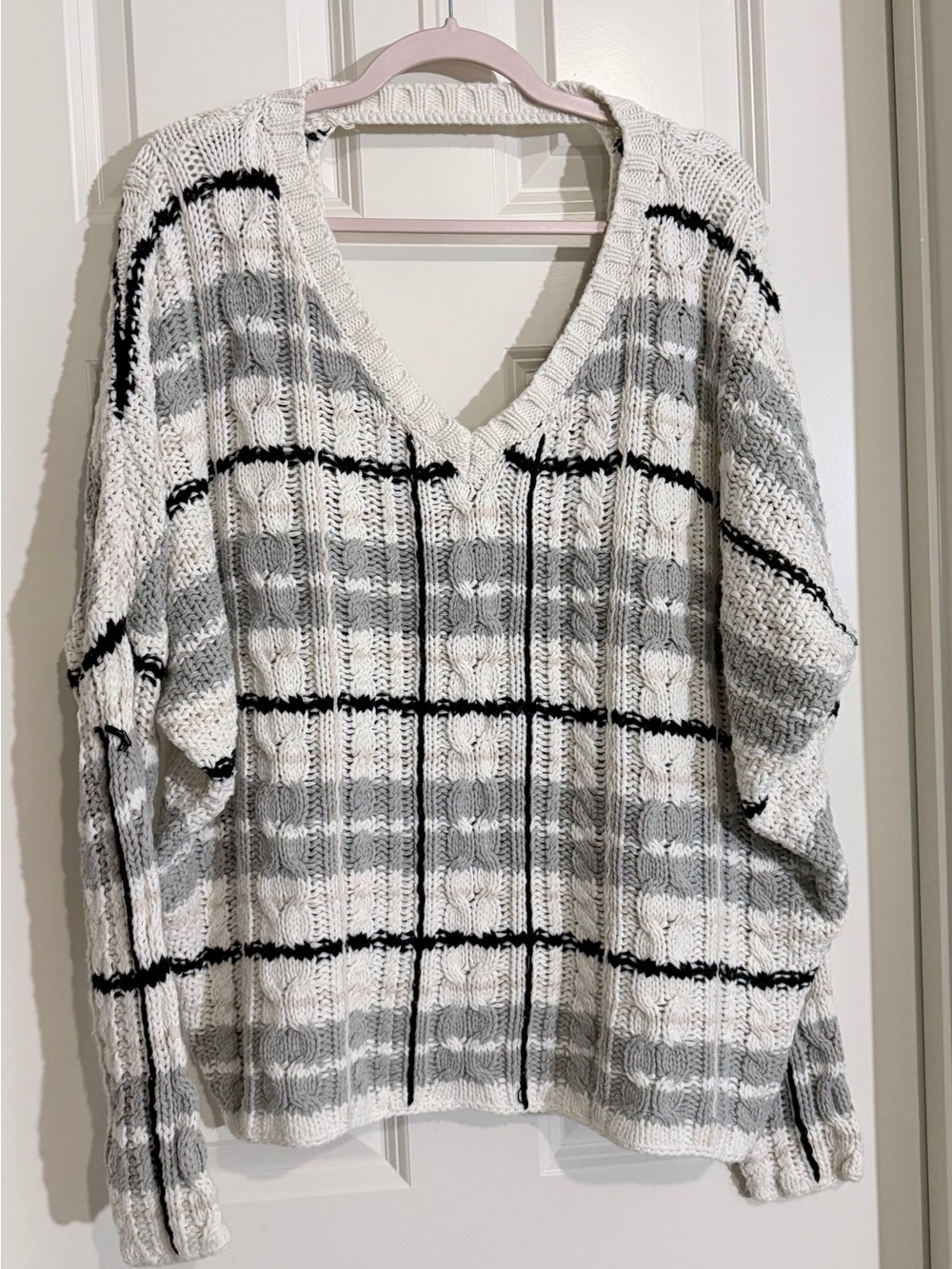 Chaser V-Neck Cable Knit Sweater in White, Gray & Black